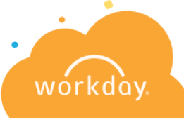 Workday logo in white over and orange cloud background
