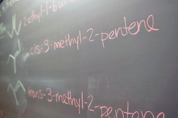 Chemistry terms written on a chalkboard