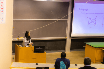 Elizabeth Yu ’24 presents at the most recent Hudson River Undergraduate Mathematics Conference, held on campus in 2023. (Photo credit: Joanna Chattman)