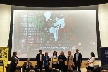 A student poses with presenters, including Morena Svaldi, at the awards ceremony at the Italian Consulate in Boston, 2024.