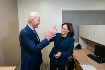 Biden campaign website  President Joe Biden, left, gives a high-five to Vice President Kamala Harris during the 2020 presidential campaign.