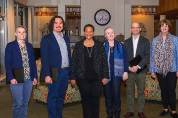 From left to right: Kerstin Nordstrom, Tianhui Ng, President Danielle R. Holley, Eleanor Townsley, Desmond Fitz-Gibbon and Provost Lisa Sullivan. Not pictured: Mark Shea.