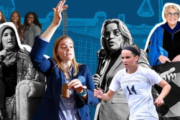 Some of the voices of 2018 (from left): Sarah McCool ’18, Mosimiloluwa Esan ’18 and Tracy Keya ’18 (back row), Linda Sarsour (seated), Kerstin Nordstrom, Carmen Cruz (standing), Claire Glover ’21 and Sonya Stephens, backed by the Community Center.