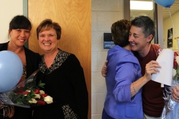 Erica DeBlase (left) and Bardee Sadlier (right) received awards from President Lynn Pasquerella. Photos by Grace Fitzpatrick.