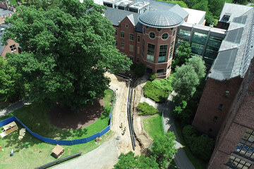 Aerial view of geothermal project construction by Kendade Hall.