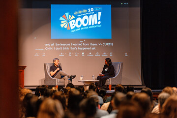Curtis Chin and Danielle Holley in conversation for BOOM's opening plenary, 2026.