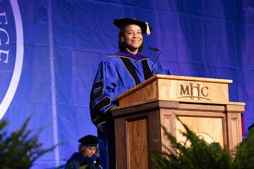 President Danielle R. Holley stands at the new Copper Beech podium on stage during the Commencement held on May 24, 2026.