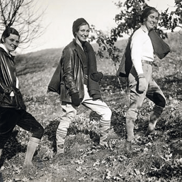 Three students dressed for hiking on Mountain Day in 1930