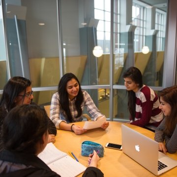 kendade-circular-collaboration-room.jpg Students working together in one of the circular rooms in Kendade Hall