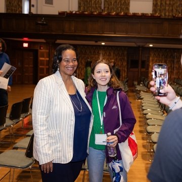 President Holley has photo taken with prospective student at Experience MHC! April 5, 2025, Photo by Jo Chattman.