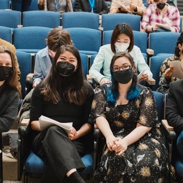 Glascock Intercollegiate Poetry Competition 2022 contestants, front row left to right: Kate Blakely, Jocelyn Maeyama, Liza Marsala, and Clare O’Gara.
