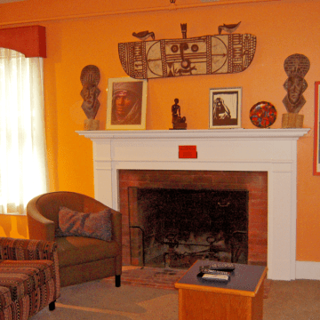The fireplace in the living room of the Betty Shabazz Cultural Center