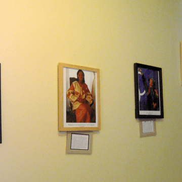 Photos arranged in the stairway of the Betty Shabazz Cultural Center