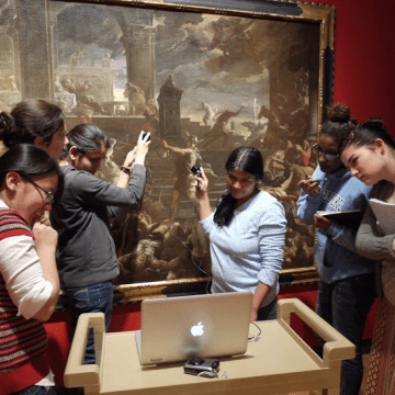 Students using infra-red imaging to look under paintings in the Mount Holyoke Art Musseum