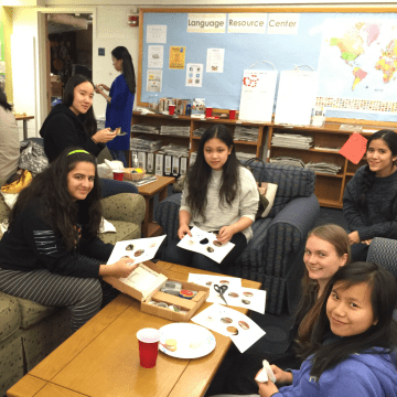 Students hanging out in the lounge of the Language & Culture Commons