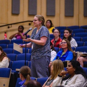 Student asking questions at the Summit on Feminist Leadership in Climate Justice held at Mount Holyoke College on April 25, 2025