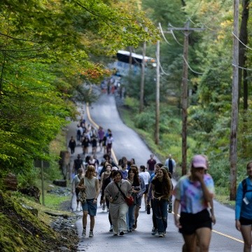 Mount Holyoke students hike up the road to the summit of Mt. Holyoke.