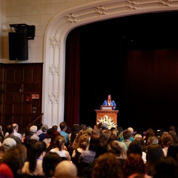 President Holley at the podium in Chapin Auditorium
