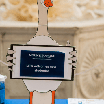 Jorge, the unofficial College mascot, welcomes new students to the library