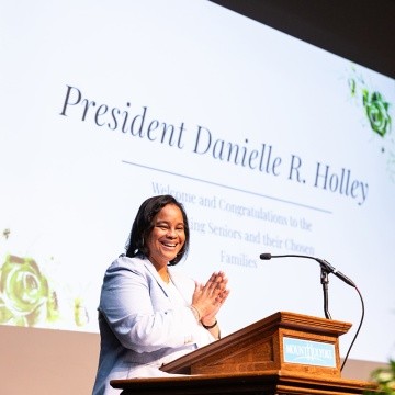 President Danielle R. Holley speaking at the Stoling Ceremony at Mount Holyoke College