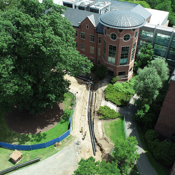 Aerial view of geothermal project construction by Kendade Hall.