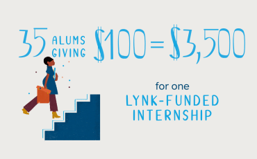 Graphic of a person climbing stairs: 35 alums giving $100 = $3,500 for one Lynk-funded internship