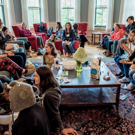 Students meeting in a residence hall living room