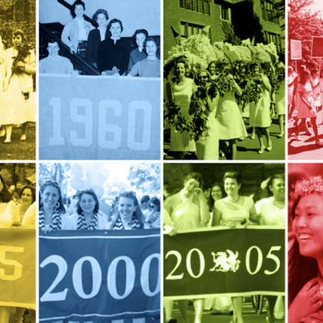 A collage of photos of alum class year banners taken during the Laurel Parade