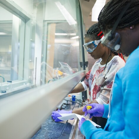 Students performing an experiment in a chemistry lab