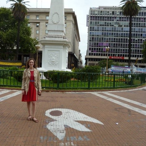 The site of the weekly Madres de Plaza de Mayo walk around the obelisk in Buenos Aires. After the picture was taken, the Madres began their walk around the Plaza.