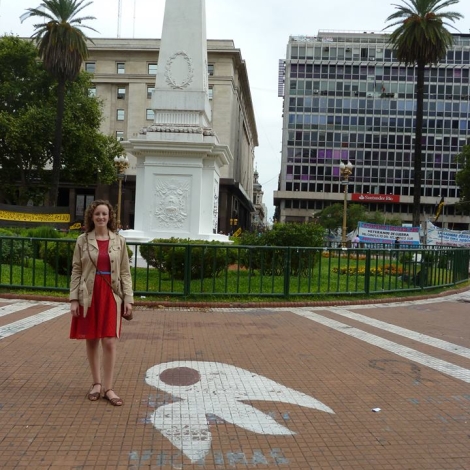 The site of the weekly Madres de Plaza de Mayo walk around the obelisk in Buenos Aires. After the picture was taken, the Madres began their walk around the Plaza.