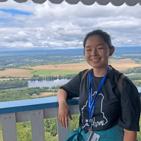 Molly Brown enjoying the view from the Summit House atop Mount Holyoke