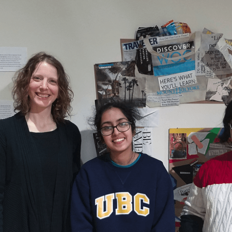 From left) Serin Houston, assistant professor in geography, Anya Nandkeolyar ’19 and Shebati Sengupta ’19