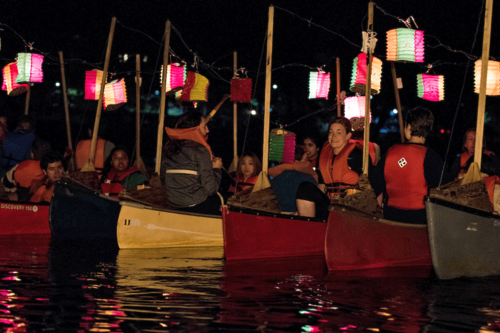 Students in canoes on lower lake