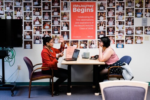 A career counselor working with a student in the Career Development Center