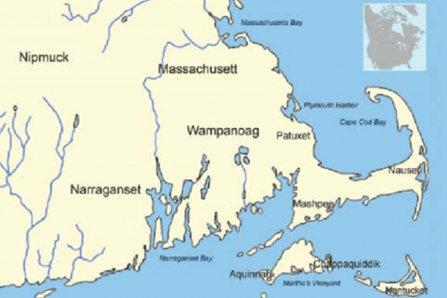 Map of Massachusetts indicating where indigenous tribes lived