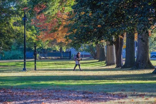 A student walking on campus in the fall