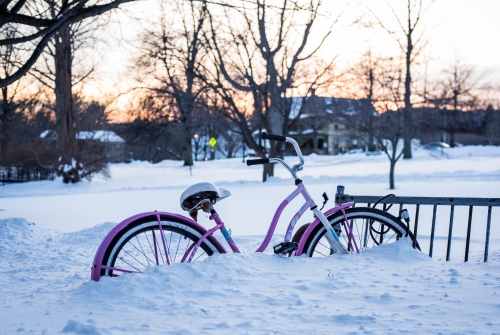 A pink bicycle locked to a bike rack and nearly buried in snow