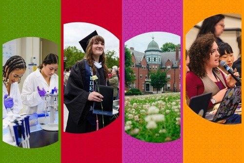 Various scenes at Mount Holyoke College: Students in a lab, a student at Commencement, a field of wildflowers overlooking a residential building and a student speaking at a presentation.