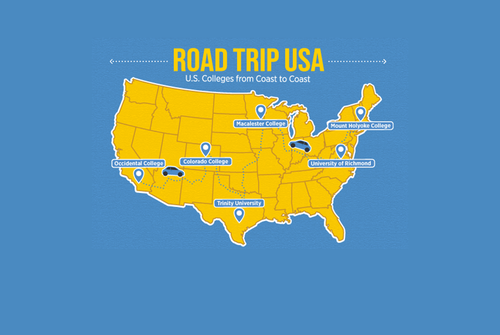 A map of the United States with locations of colleges marked