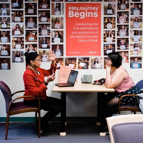 A career counselor working with a student in the Career Development Center