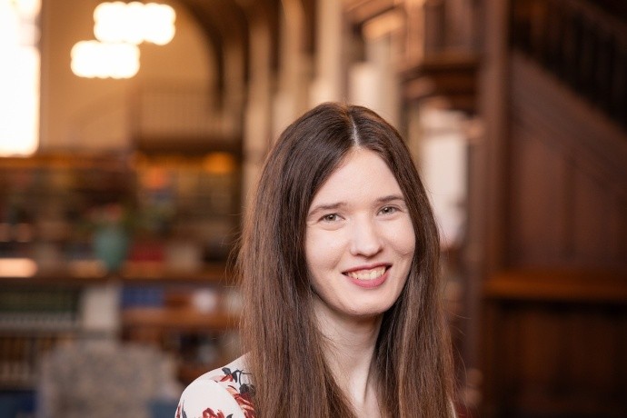 Mikayla Wagstaff in the Mount Holyoke College library in 2024