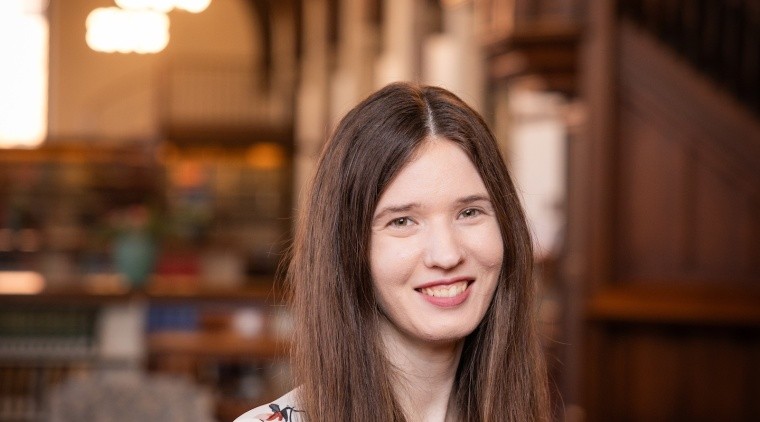 Mikayla Wagstaff in the Mount Holyoke College library in 2024