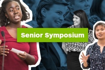 Collage of students speaking at Senior Symposium