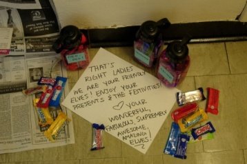 Photo of elfing gifts outside a door