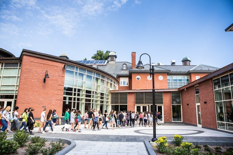 Students entering the community center