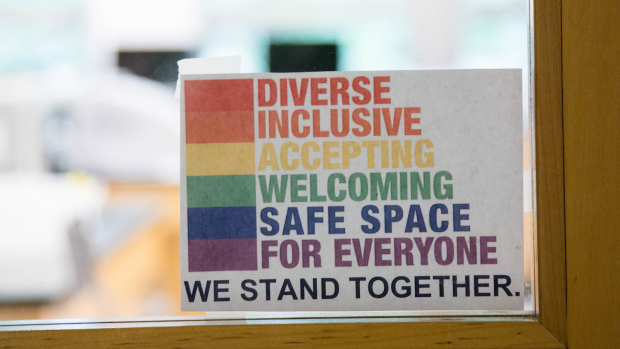 A sign that reads: Diverse, Inclusive, Accepting, Welcoming, Safe Space for Everyone.  We Stand Together.