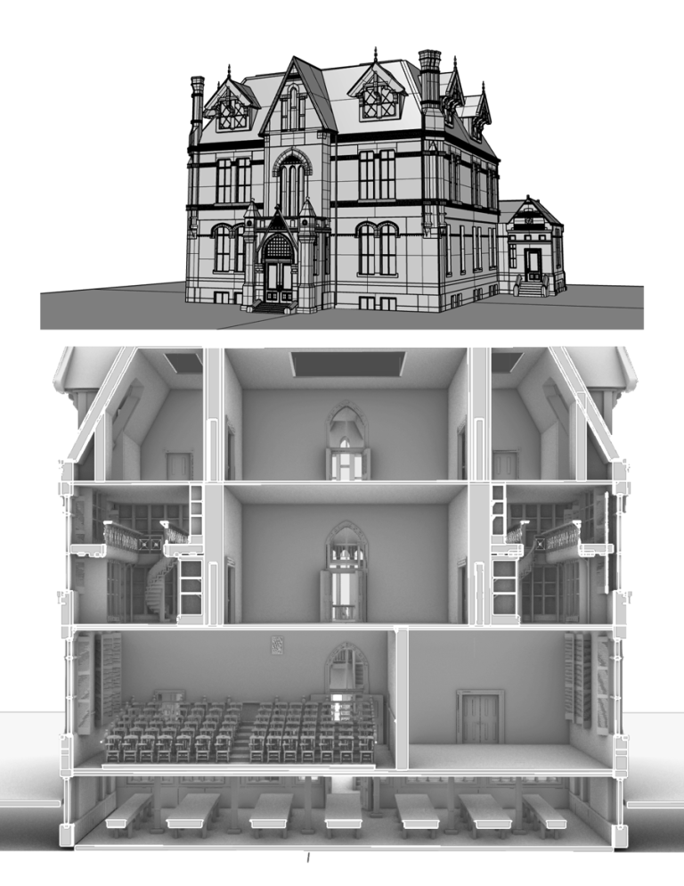 A 3D model of a 19th century building on the Mount Holyoke campus.
