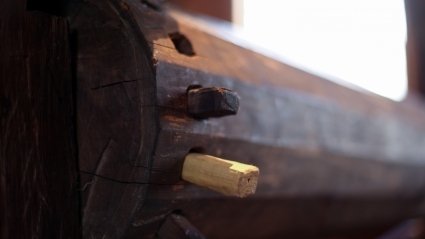 Erin Hancock barn-frame loom with pegs in place