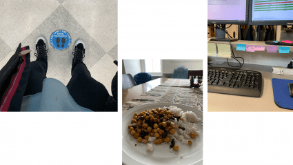 Left: looking down at a students feet near the ’wait here’ sticker on the floor of the testing center; Center: lunch on a plate at the end of a long table; Right: A student workstation in media services